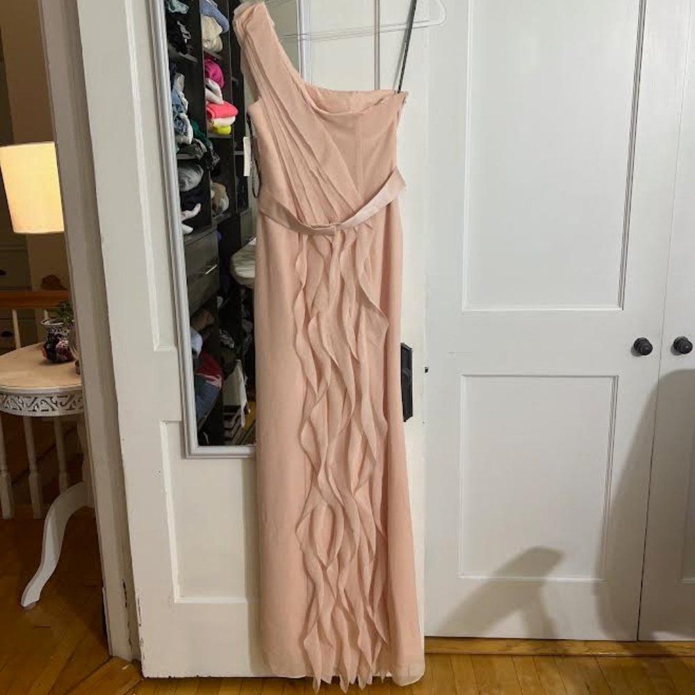 NWT Vera Wang White Pink Chiffon One Shoulder Ruffled Dress - Size 8 - Picture 7 of 11